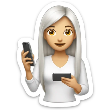 Mujer blanca  joven de pelo largo color castaño  chateando en un celular sticker