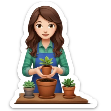 
Close-up of a woman with long, wavy brown hair planting a seedling in a pot. Surrounding her are plants and succulents with vibrant leaves and flowers. Sunlight filters through the window, casting soft shadows. A cozy interior space with gardening tools on a wooden table. sticker