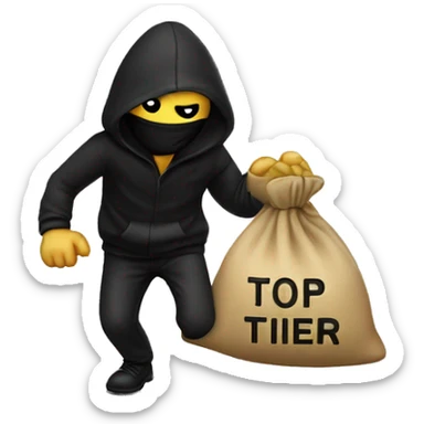 Thief wearing all black clothes actively stealing a money bag with the words Top Tier embroidered on it sticker