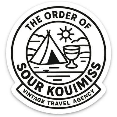 A black and white 90s-style logo for 'The Order of Sour Koumiss' with a vintage travel agency vibe, featuring a minimalist design sticker
