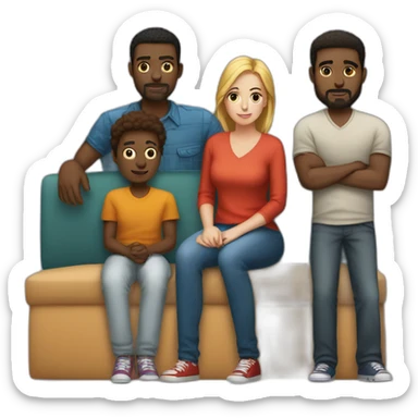 5 afroamerican men standing behind a couch on which a single young white woman sits alone and noone besides her sits there sticker
