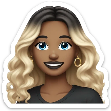 White-skinned adult woman, smiling, glitter drawings makeup on her face, blue eyes, long black-to-blonde ombre wavy hair, ring earrings, black T-shirt. sticker