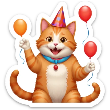 cat laughing with friends, surrounded by balloons and snacks, college party scene sticker