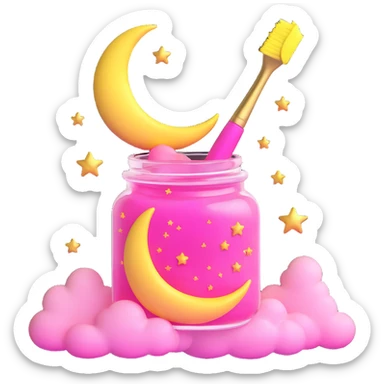 A jar with a pink liquid, a yellow crescent moon, pink clouds, and golden stars, in 3D iOS style, with a white background, and a pink brush with a white tip. sticker