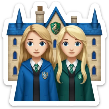a pretty ravenclaw girl with long brown hair and blue eyes standing with a hot Slytherin girl with long blonde hair, blue eyes sticker