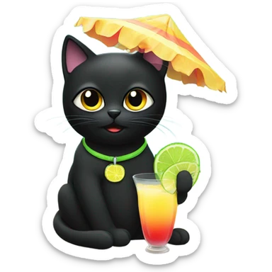 Black cat sitting on the beach drinking a margarita  sticker