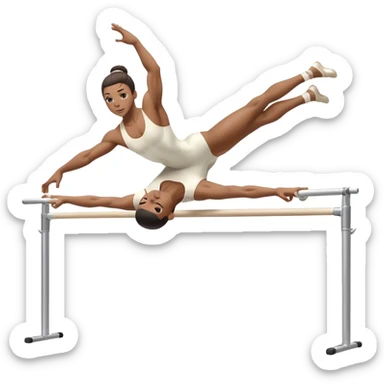 Professional gymnast performing a dynamic routine on parallel bars, captured mid-air in an elegant flip. The background features a well-lit gymnastics arena with a cheering audience. The athlete's posture and expression convey strength, control, and perfect coordination. sticker