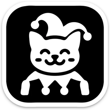 crazy colorful cute little cat jolly joker from poker, medieval, vintage, court jester, mac os icon, purple, gold and red color, head + torso. Squared shape as 3D mac os icon, symmetrical sticker