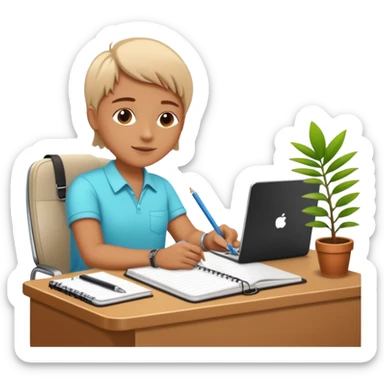 DE VACACIONES y detrás un escritorio moderno, con una notebook, una agenda y una planta con una flor sticker