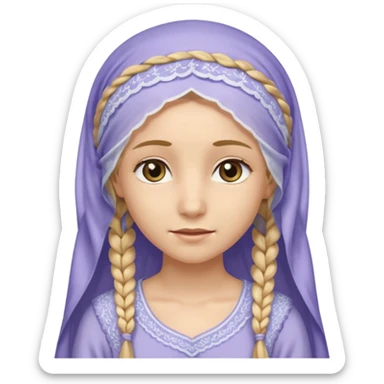 
mujer, Joven, de aspecto dulce y elegante.
Piel clara, ojos grandes y expresivos, sonrisa triste.
Rubio o castaño claro, largo, con trenzas o velo.
Vestido largo de tonos suaves (blanco, azul o lavanda), con bordados dorados; toca fina cubriendo la cabeza
 sticker