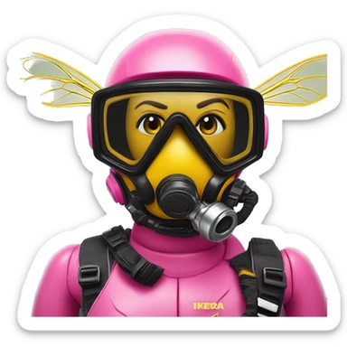 Wasp diver in Barbie style, oil paint, mysterious eyes, intricate lips, masterpiece pose, odd perspective, beautiful, desirable, logical, midsommar, ikea sticker