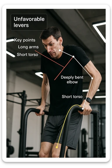a tall, lean man with very long arms and a short torso attempts a dip on parallel bars. His elbows are deeply bent and his body appears awkwardly positioned, highlighting the mechanical disadvantage. An overlay shows anatomical lines and angles, with labels explaining “unfavorable levers.” The background is a modern gym, with a focus on biomechanics. sticker