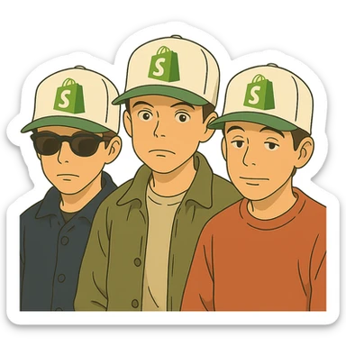 the Beastie Boys wearing hats with the Shopify logo sticker