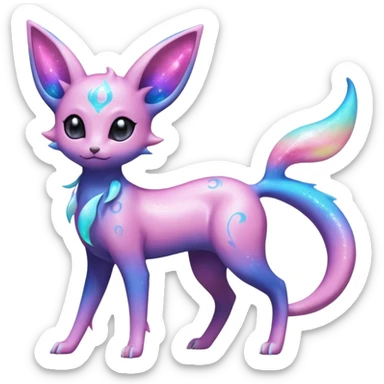 Shiny Iridescent Nebulae Espeon-Umbreon-Sylveon-Dragonair-Fakémon-hybrid-creature (full body)  with a galaxy-dust-flowing-gradient-tail sticker