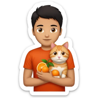 Indian Brown guy with black hair in red t-shit with orange cat sticker
