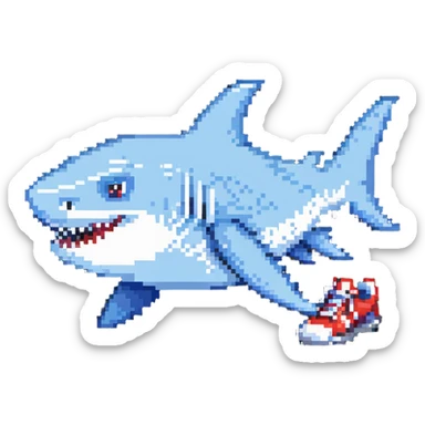 cartoon shark with sneakers in pixel art style sticker