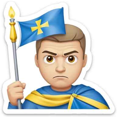 super-realistic angry Ukrainian with ukranian flag sticker