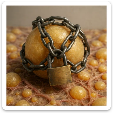 adipocyte in subcutaneous tissue locked by chains and padlock, hyper realistic 4K, cellular details, neutral background sticker