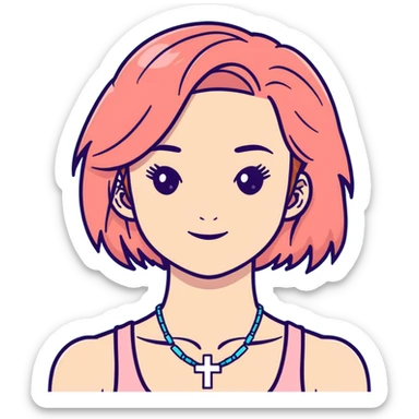 Auburn ginger haired girl with eyelashes wearing a cross necklace and a light coral pink tank top sticker