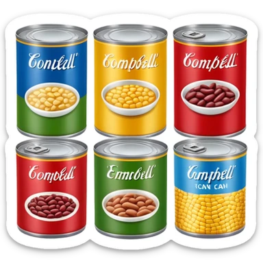 Four different canned food items in a row, soup can, beans can, corn can, tuna can sticker