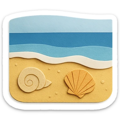 view of the ocean from the beach with sand, shells, and gentle waves in paper-craft style sticker