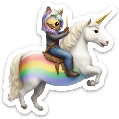 Cat riding a unicorn with rainbows sticker