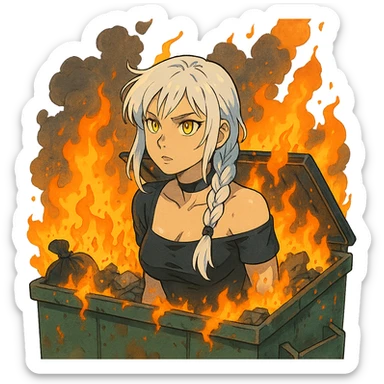she is poking out from a garbage dumpster, fire, garbage fire, everything is on fire, a closeup portrait of young woman with gold yellow eyes, white hair, long braid, black off-shoulder top d-cup, punk gothic style, futuristic cyberwave cyberpunk, sticker