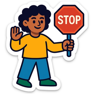 brunette person with curly hair holding a stop sign, vibrant toon style sticker