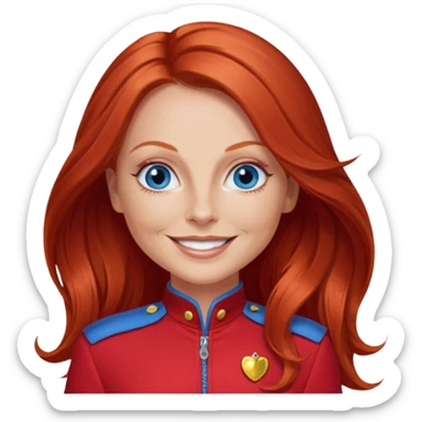 Geri Halliwel with long red hair, blue eyes, red outfit sticker