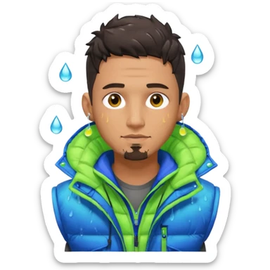 Cyberpunk street adult, hispanic, male, messy undercut, puffer vest over hoodie, glowing earpiece, light stubble, brown eyes, neon reflections, raindrops, dark background. sticker