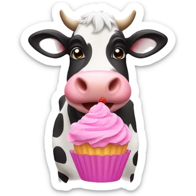 cow holding a pink frosted cupcake sticker