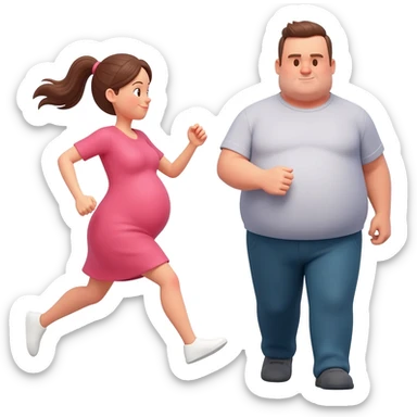 pregnant women runinng after a fat man sticker