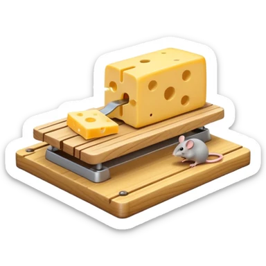 A 3D emoji in iOS emoji aesthetic style of a small mousetrap on a wooden base with a tiny gray mouse approaching a small piece of yellow cheese on it, minimal white background, bright lighting, clean and glossy Apple-style design sticker