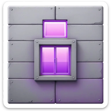Minimalist gray concrete panel building with one window glowing bright purple from grow lights inside, simple rectangular structure sticker