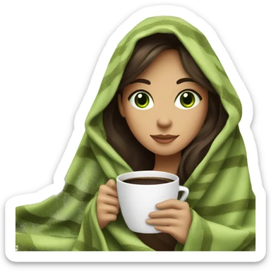 Brunette girl green eyes in blanket with coffee sticker