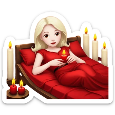 Low bed, red sheets, candles everywhere, woman reclining in shadowed control sticker