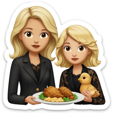 Love tan woman long wavy blonde hair and black lace  with short blonde man Brown shade jacket eating chick filet  sticker