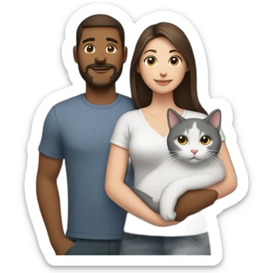 white brun man and brunette woman with a fat gray cat in their arms sticker