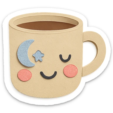 coffee cup with pastel moon and star doodles, blushing cheeks, hand-drawn style sticker