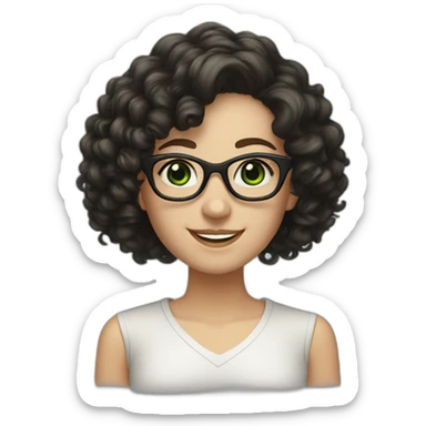 white girl with black long curly hair and green eyes smiling and big rectangle glasses sticker
