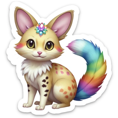 realistic  opal-bloom pearl-white fur blooming with rainbow firefly shimmer beautiful elegant pretty precious cute  Fakémon-Pokémon-opossum-feline-serval-caracal-chinchilla-Furret-Minccino-hybrid-creature with a big fluffy bushy tail (full body) sticker