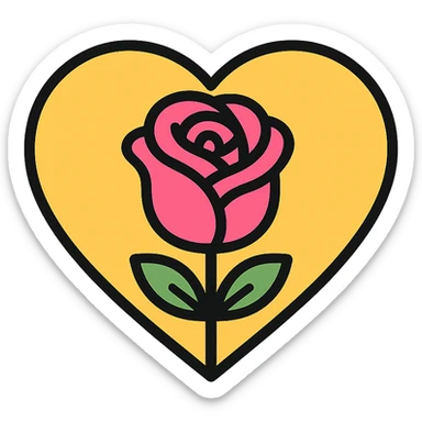 pink rose inside a heart outline, soft and charming, icon style sticker
