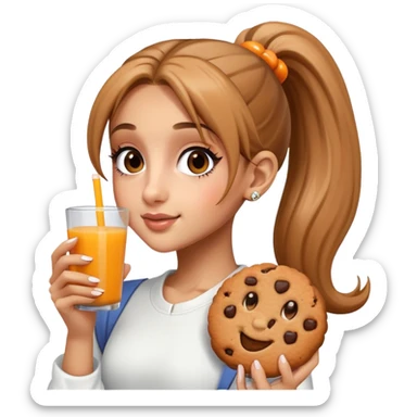 Ariana grande with long high ponytail holding cookie and orange juice  sticker