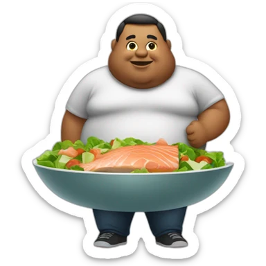 a fat man that eats a salad made of chicken and salmon sticker