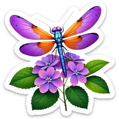 3D Realistic Still life, vivid, bold, purple detailed Hydrangea macrophylla, green leaves, ultra detailed orange and purple wings, dragonfly resting  sticker