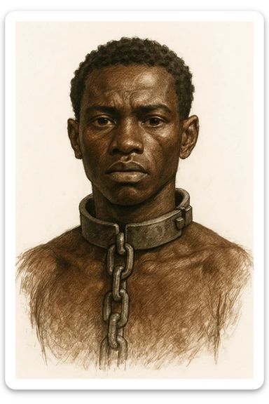 Сгенерируй мне в чуть рисованном стиле африканского раба, и на шее у него оковы с цепью, он смотрит четко прямо без эмоций. На белом фоне sticker