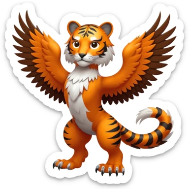 fusion creature with a tiger's body, two eagle heads, feathered wings, and tiger paws, in a dramatic stance, simplified and cute, bold lines, minimal detail sticker