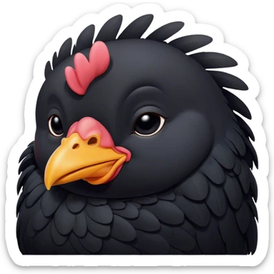 Meme-Worthy Cute Sleeping Black Chicken Portrait Emoji, Head resting peacefully with a contented smile, showcasing a delightfully compact build and a luxuriously soft black plumage, eyes shut in a serene, restful nap, Simplified yet hilariously adorable features, highly detailed, glowing with a soft, drowsy light, high shine, relaxed and utterly lovable, stylized with an air of playful laziness, bright and heartwarming, soft glowing outline, capturing the essence of a comically sleepy chicken, so meme-worthy it feels like it could instantly become the next viral sensation of adorable slumber! sticker