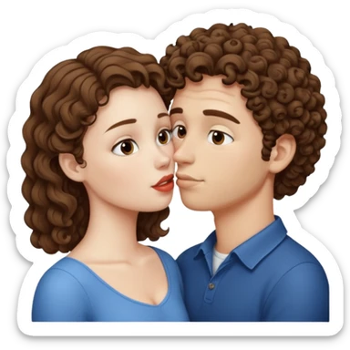 A couple kissing, the man would be white-skinned, short-curly, brown-haired. The serious woman with white skin, long hair and brown color sticker