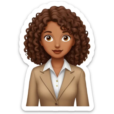 brown lady with medium brown mid length curly hair in real estate job with house sticker